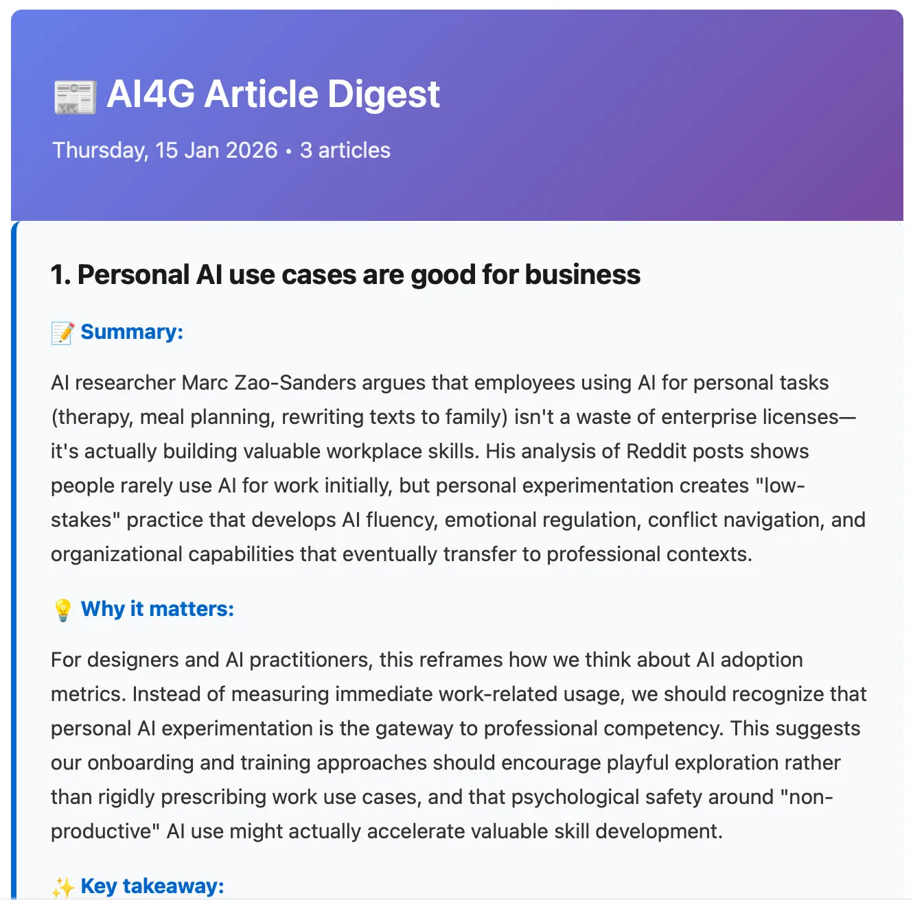 Email newsletter showing an AI summary with sections "Summary" and "why it matters"