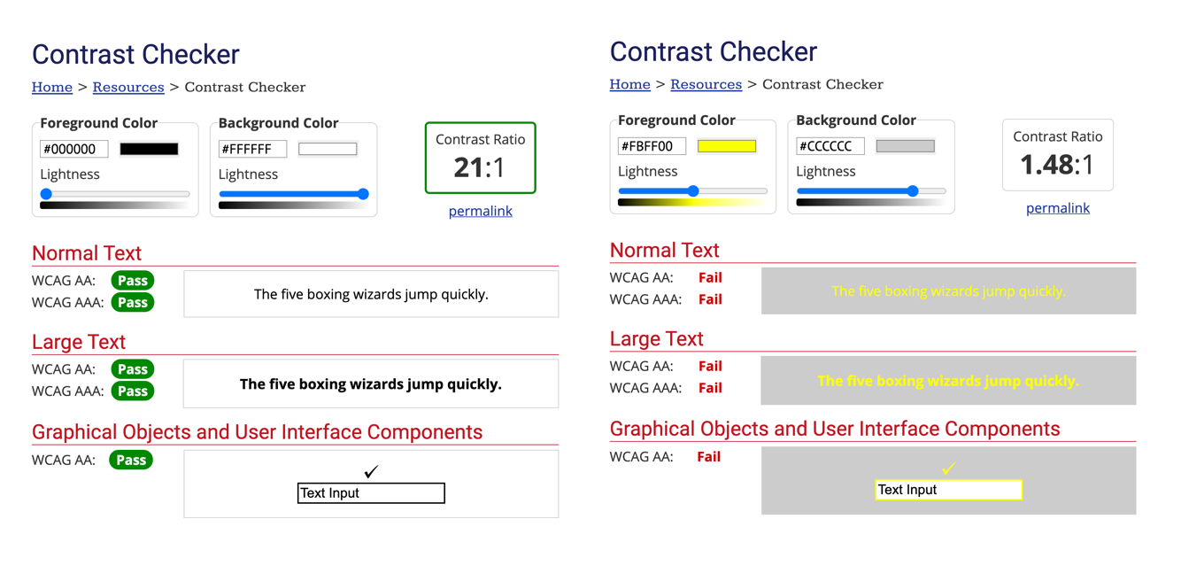  Colour contrast checker for black/white and yellow/grey colours 
